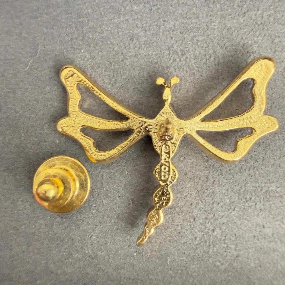 Avon Dragonfly Rhinestone Pin Iridescent Faux Opal Gold Tone Insect Brooch